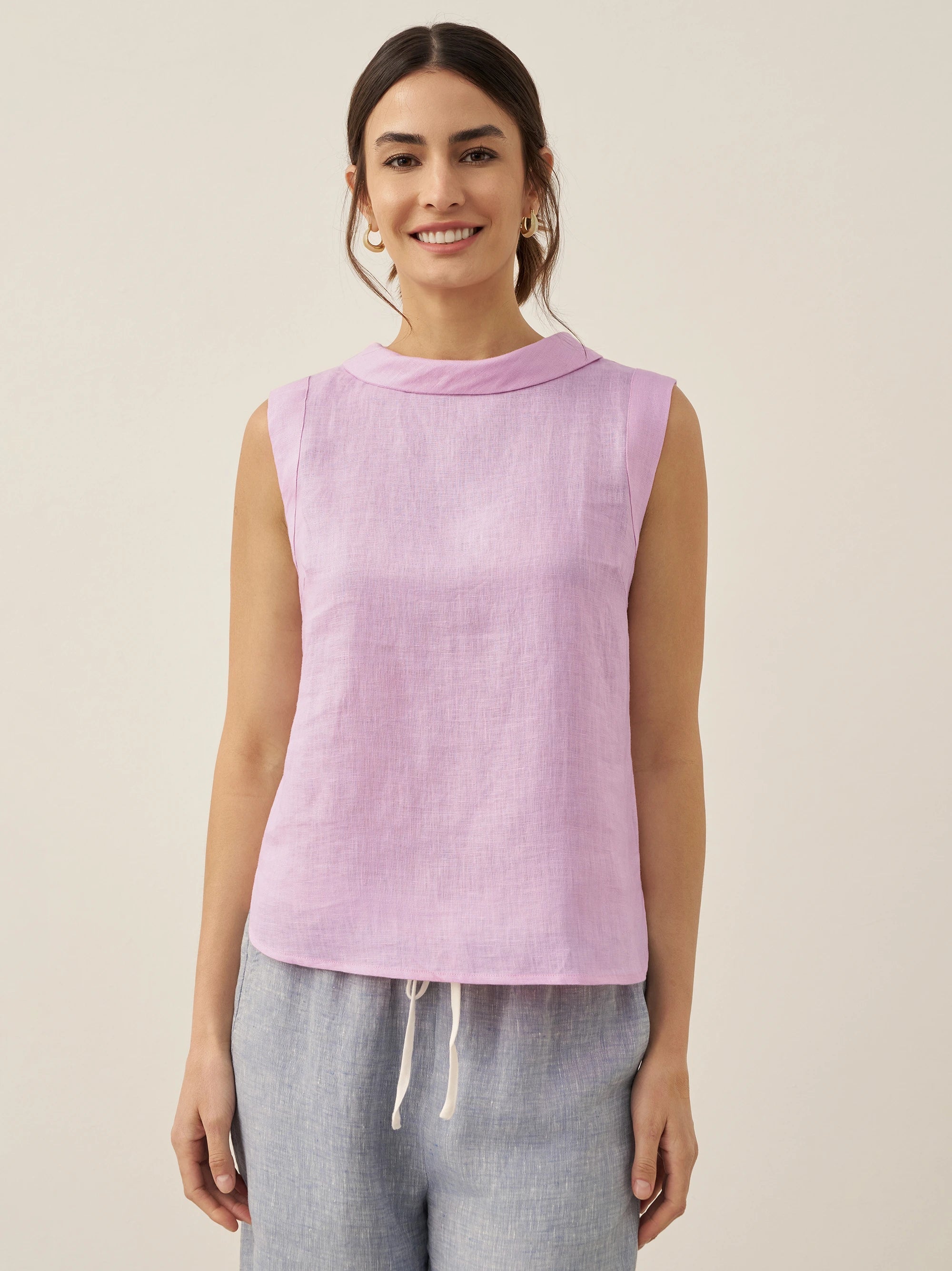 100% Linen Draped Collar Tank Top JACQUELINE Lavender