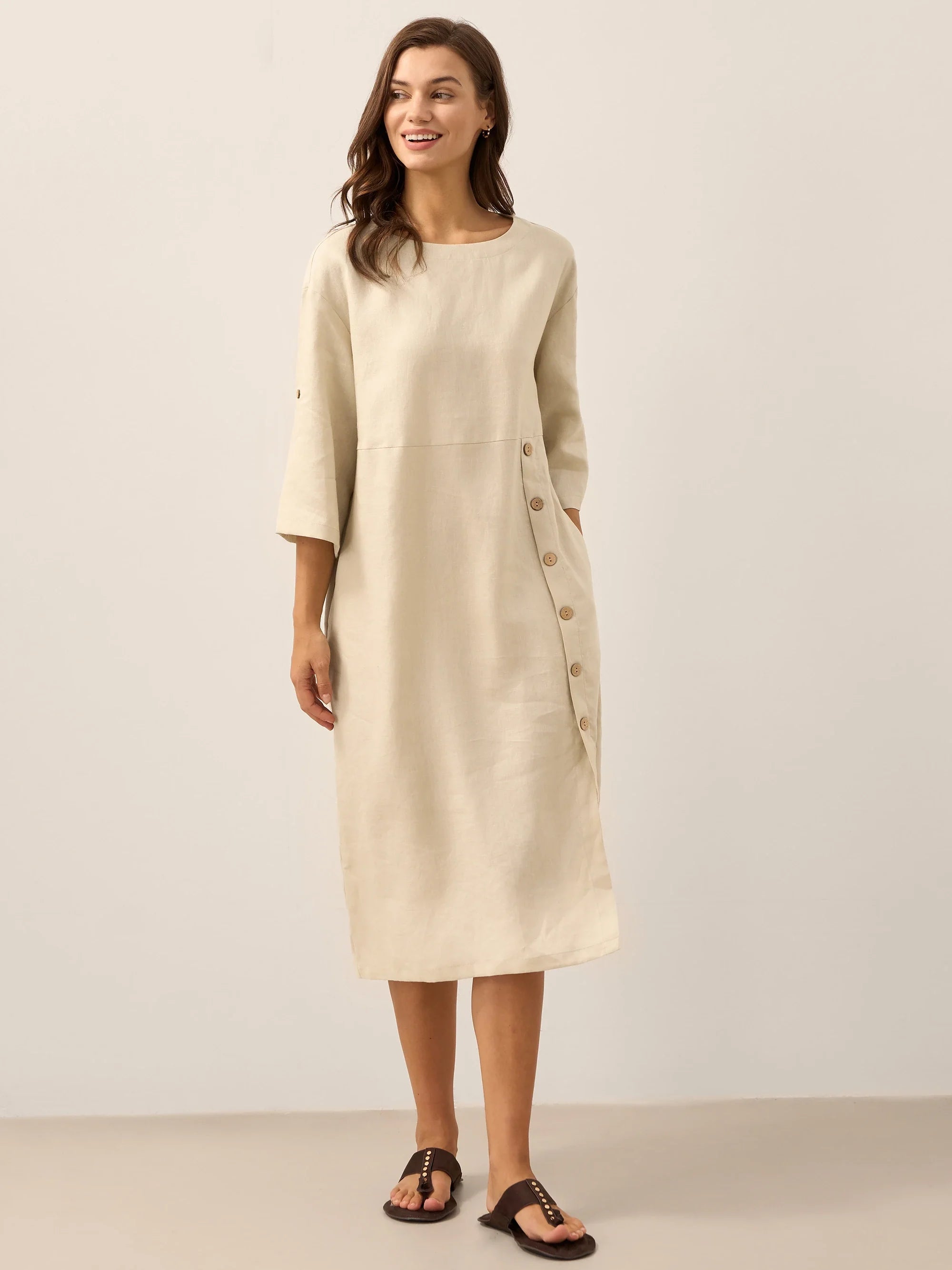 100% Linen Round Neck Button Detail Midi Dress JELENA Khaki
