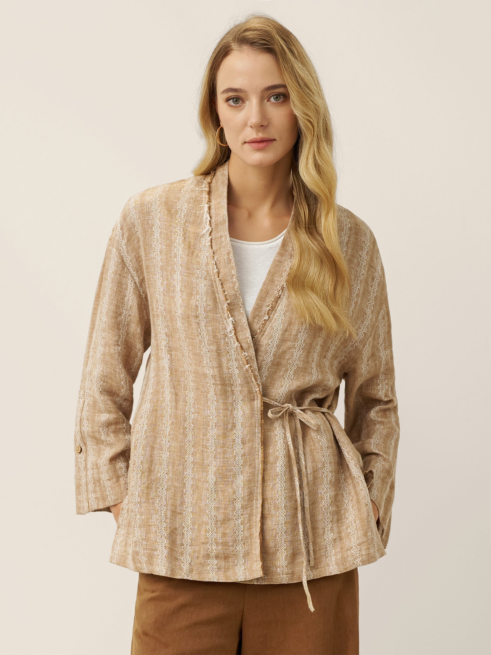 100% Linen Striped Wrap Jacket GENESIS Textured Sandstone