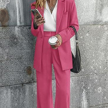 Women's Fashion Casual Solid Color Coat Trousers Suit Rose Red XXXL