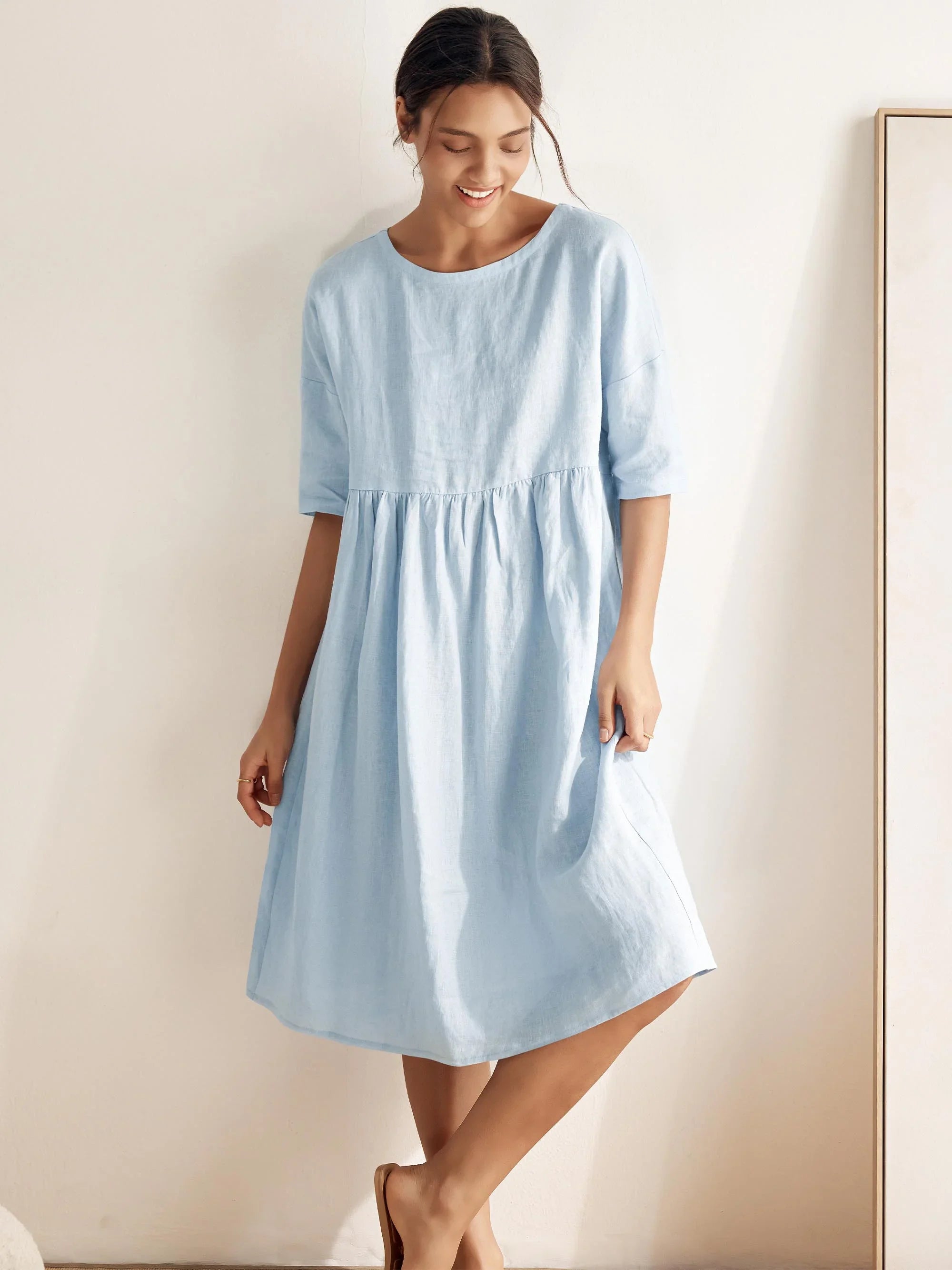 100% Linen A-Line Midi Dress VALENCIA Baby Blue