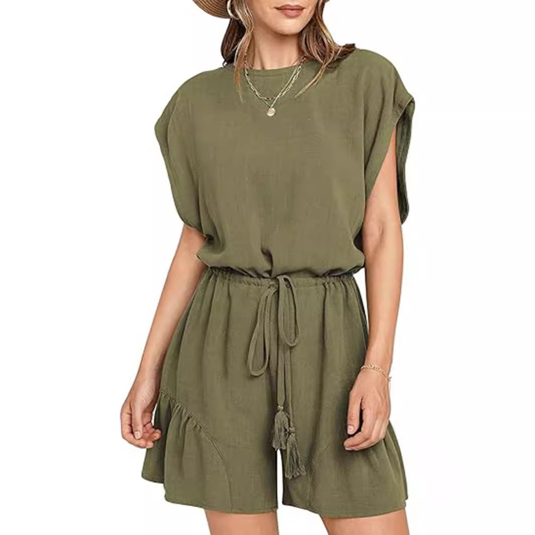 Cotton And Linen Jumpsuit Loose Waist Short Sleeve Women Green