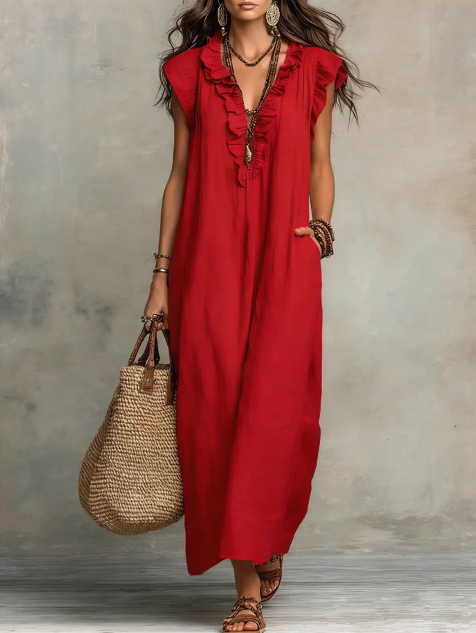 Women's Spring Summer Pocket Ruffle Elegant Dress Red