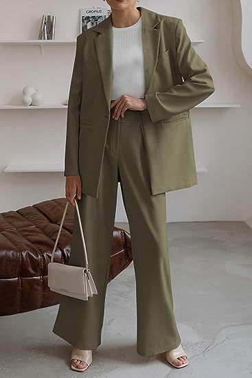 Women's Fashion Casual Solid Color Coat Trousers Suit Army Green