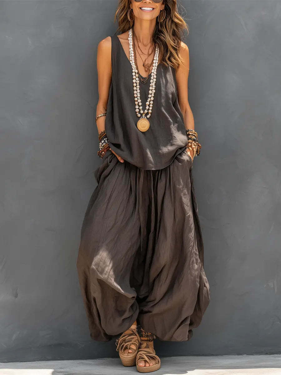 Womens Solid-Colored Casual Sleeveless Tank Top And Wide-Leg Pants Cotton-Linen Set Dark Brown