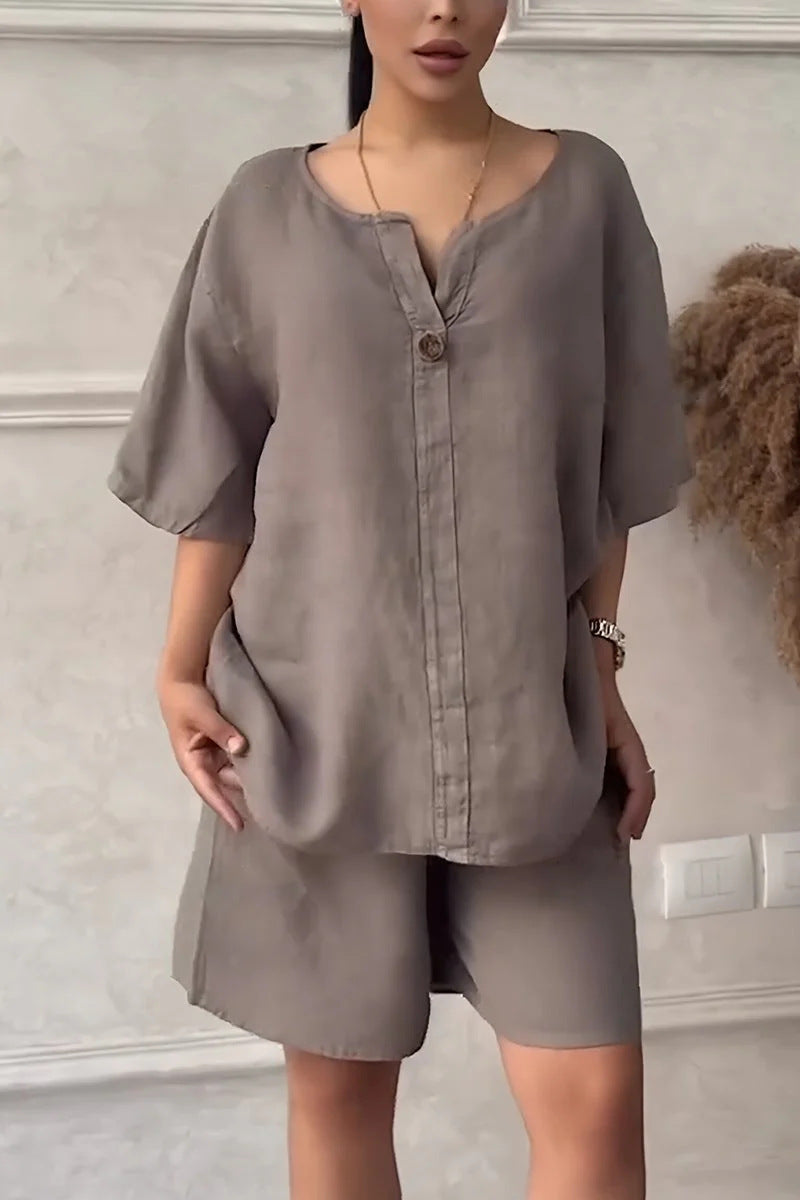 Cotton-linen Shirt Set With High-waisted Loose Shorts For Women Khaki