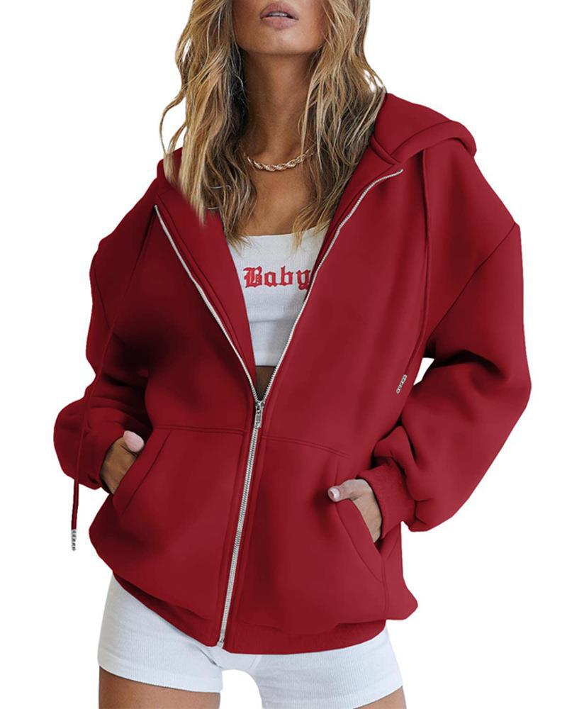 Women's Fashion Casual Solid Color Drawstring Zipper Hooded Sweatshirt Red