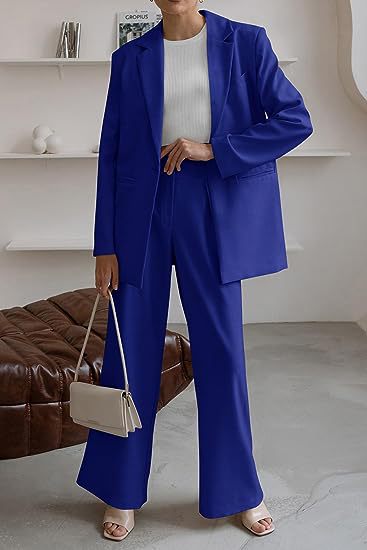 Women's Fashion Casual Solid Color Coat Trousers Suit Blue