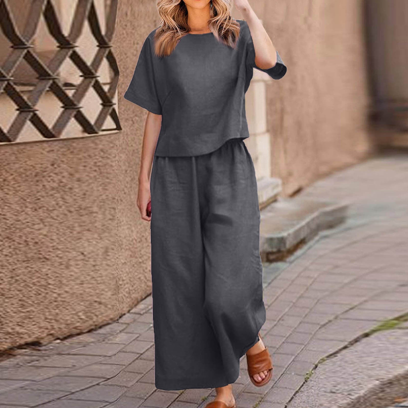 European And American Women's Linen Casual Loose Solid Color Suit Two-piece Women Dark Grey