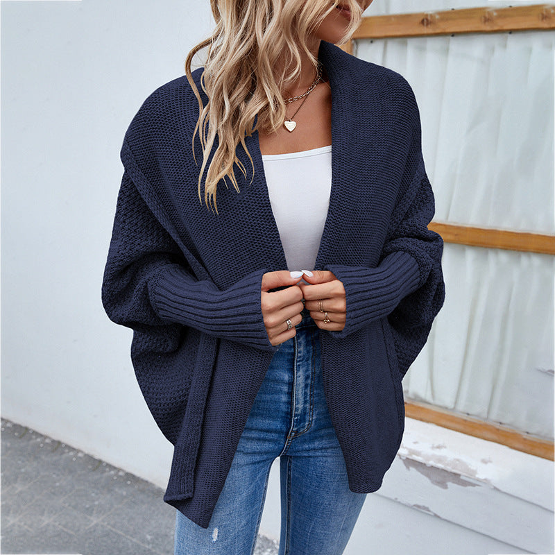 New Loose Knitted Sweater Solid Color Bat Sleeve Large Lapel Cardigan Autumn And Winter Fashion Jacket For Women Clothing Navy Blue
