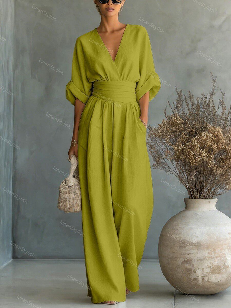 Waist-cinching V-neck Elegant Womens Jumpsuit Olive Green