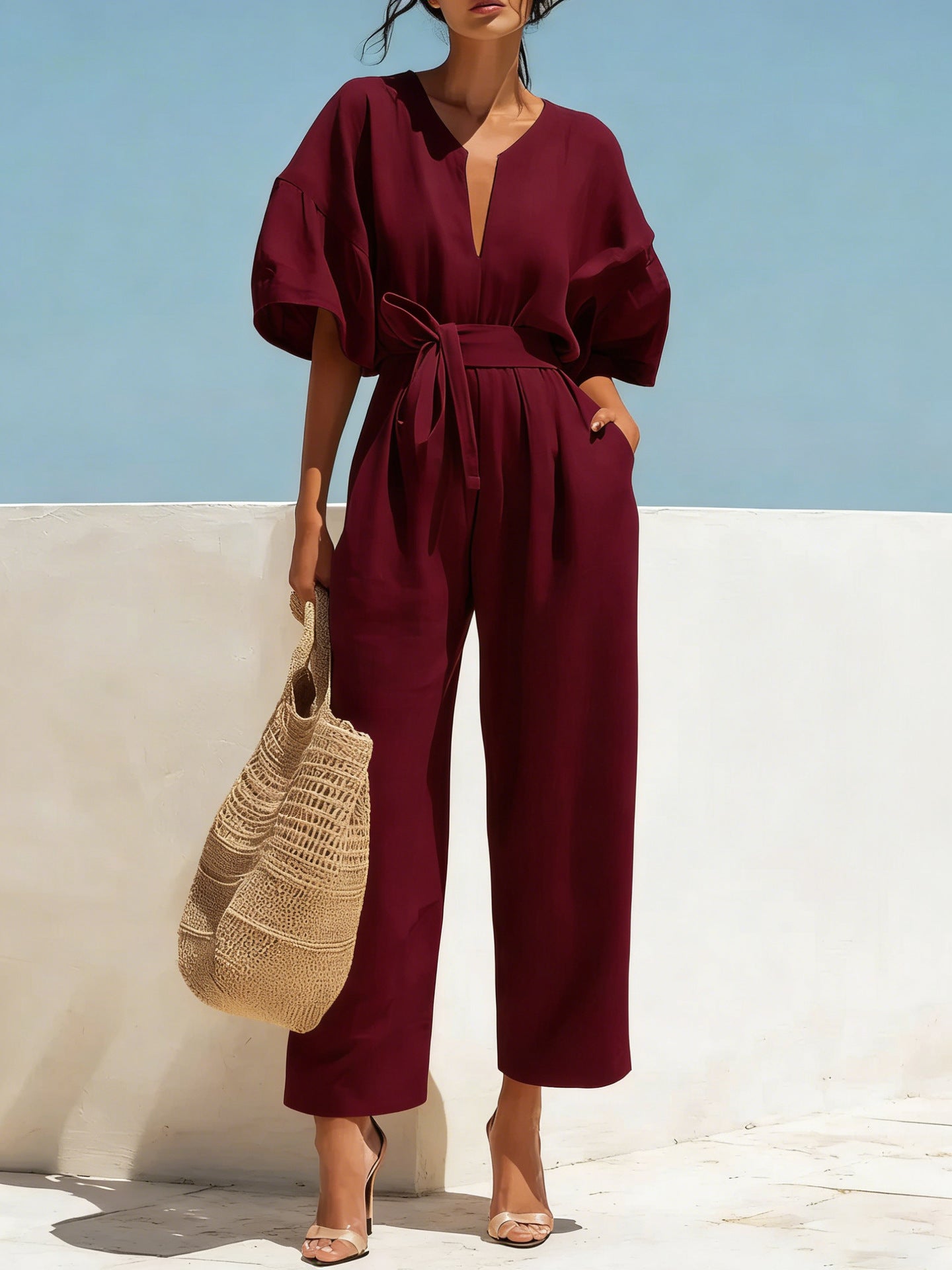 Fashionable V-Neck Solid Color Cotton-Linen Jumpsuit For Women Wine Red