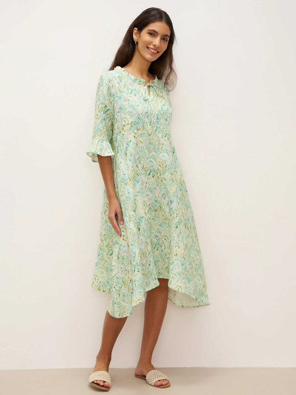 100% Linen A-Line Ruffled Collar Tie-Neck Midi Dress LIVIA Mist Garden