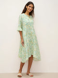 100% Linen A-Line Ruffled Collar Tie-Neck Midi Dress LIVIA Mist Garden