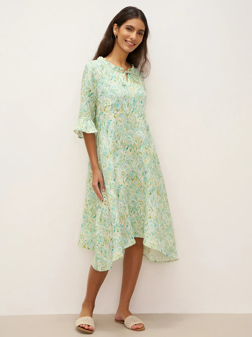 100% Linen A-Line Ruffled Collar Tie-Neck Midi Dress LIVIA Mist Garden