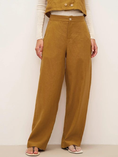 100% Linen Banana Cut Pants with Pockets EDELINE Ochre