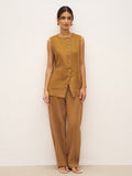 100% Linen Arc-Placket Button-Front Vest ELFRIDA Ochre