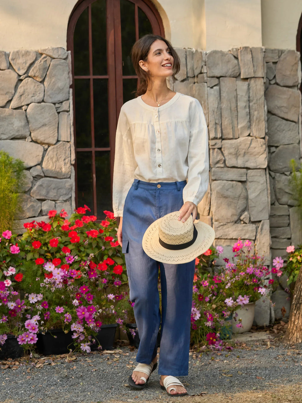 100% Linen Cargo Tapered Trousers with Patch Pockets JESSE