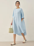100% Linen Bateau Neck Midi Dress BROOKE Baby Blue