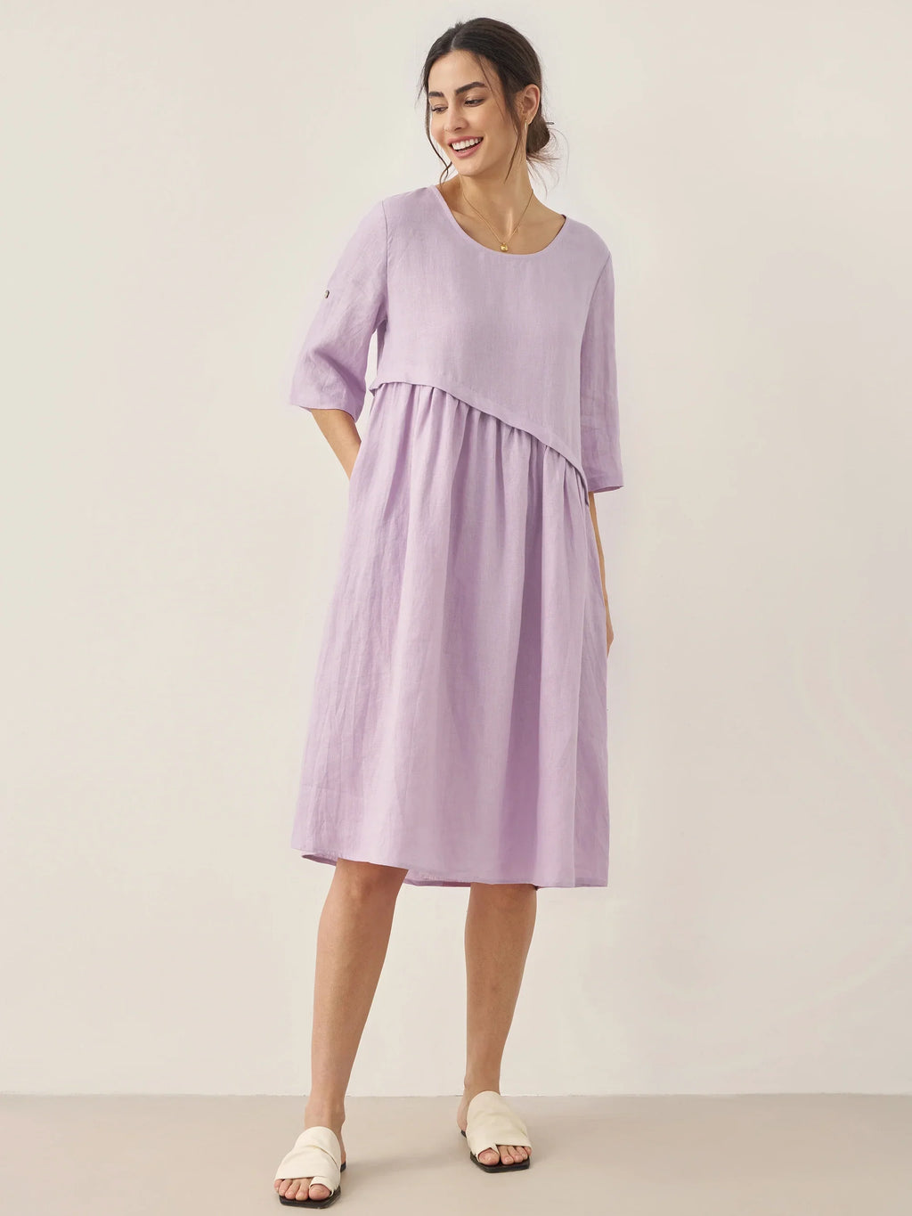 100% Linen Asymmetrical Pleated Round Neck Midi Dress YOLANDA Lavender