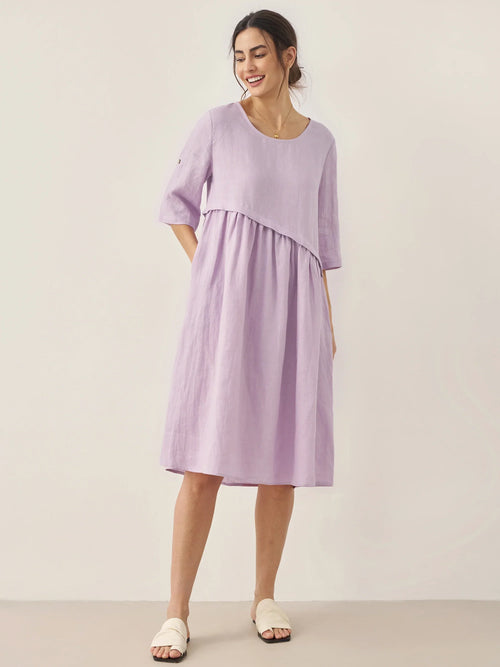 100% Linen Asymmetrical Pleated Round Neck Midi Dress YOLANDA Lavender
