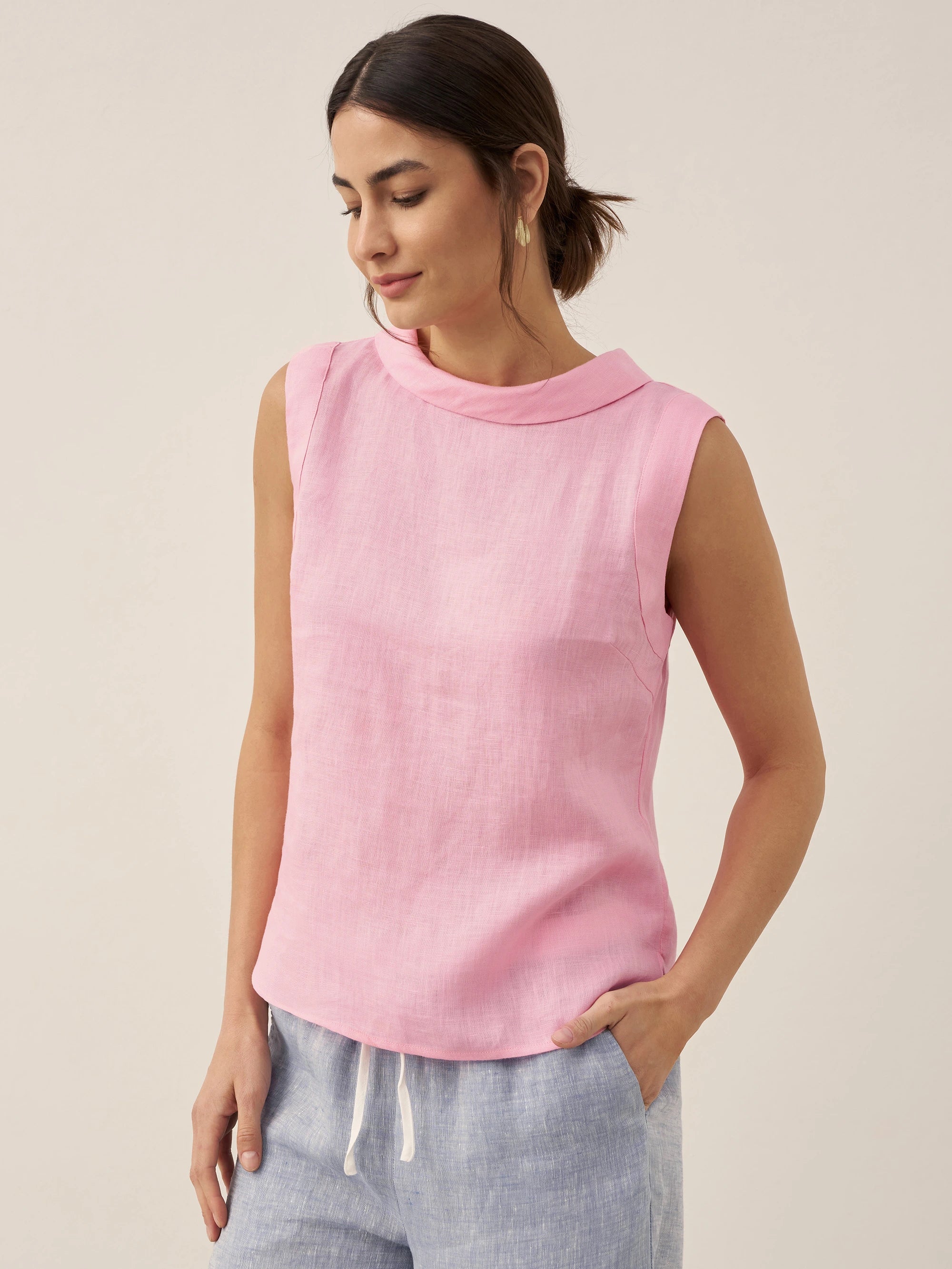 100% Linen Draped Collar Tank Top JACQUELINE Pastel Pink