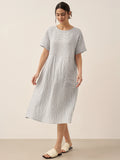 100% Linen Pinstripe Paneled Short-Sleeved Dress MORGAN Blue Stripe