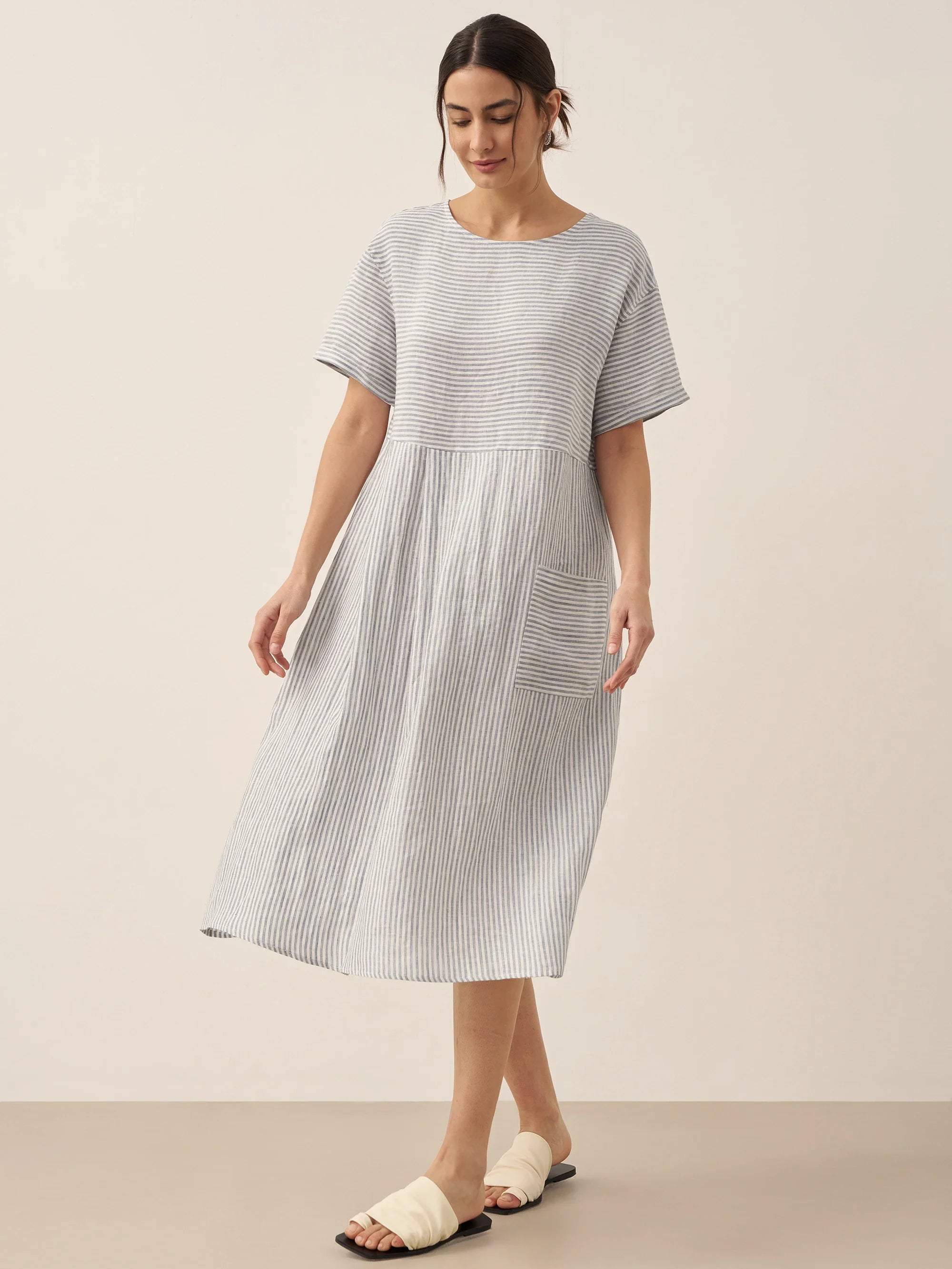 100% Linen Pinstripe Paneled Short-Sleeved Dress MORGAN Blue Stripe