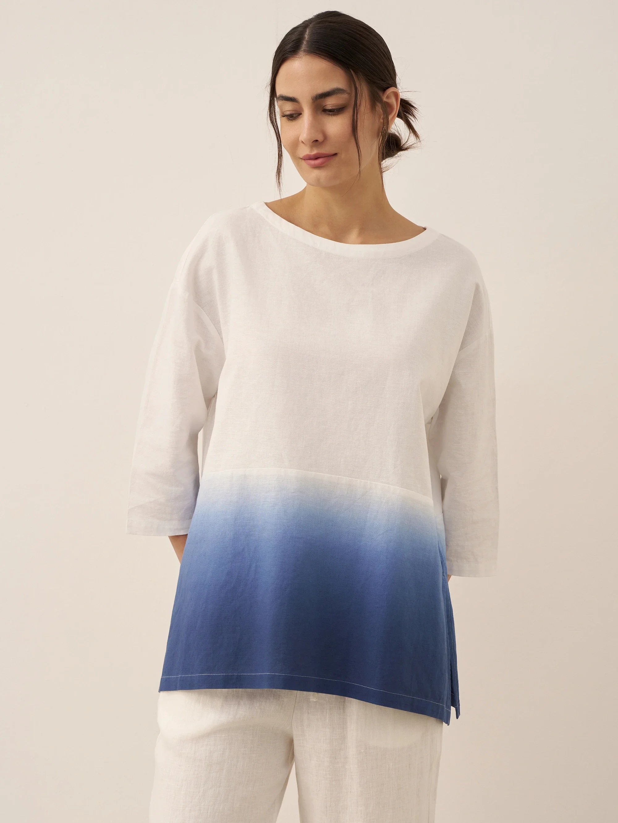 Linen White Boat Neck Oversized Top AVA Midnight Blue