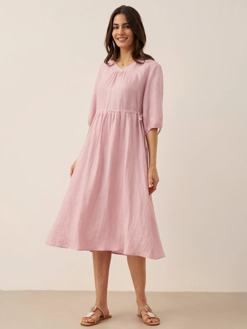 100% Linen A-Line Drawstring Waist Midi Dress DIXIE Pastel Pink