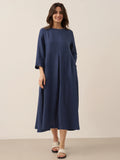 100% Linen Bateau Neck Pleated Maxi Dress Navy Blue