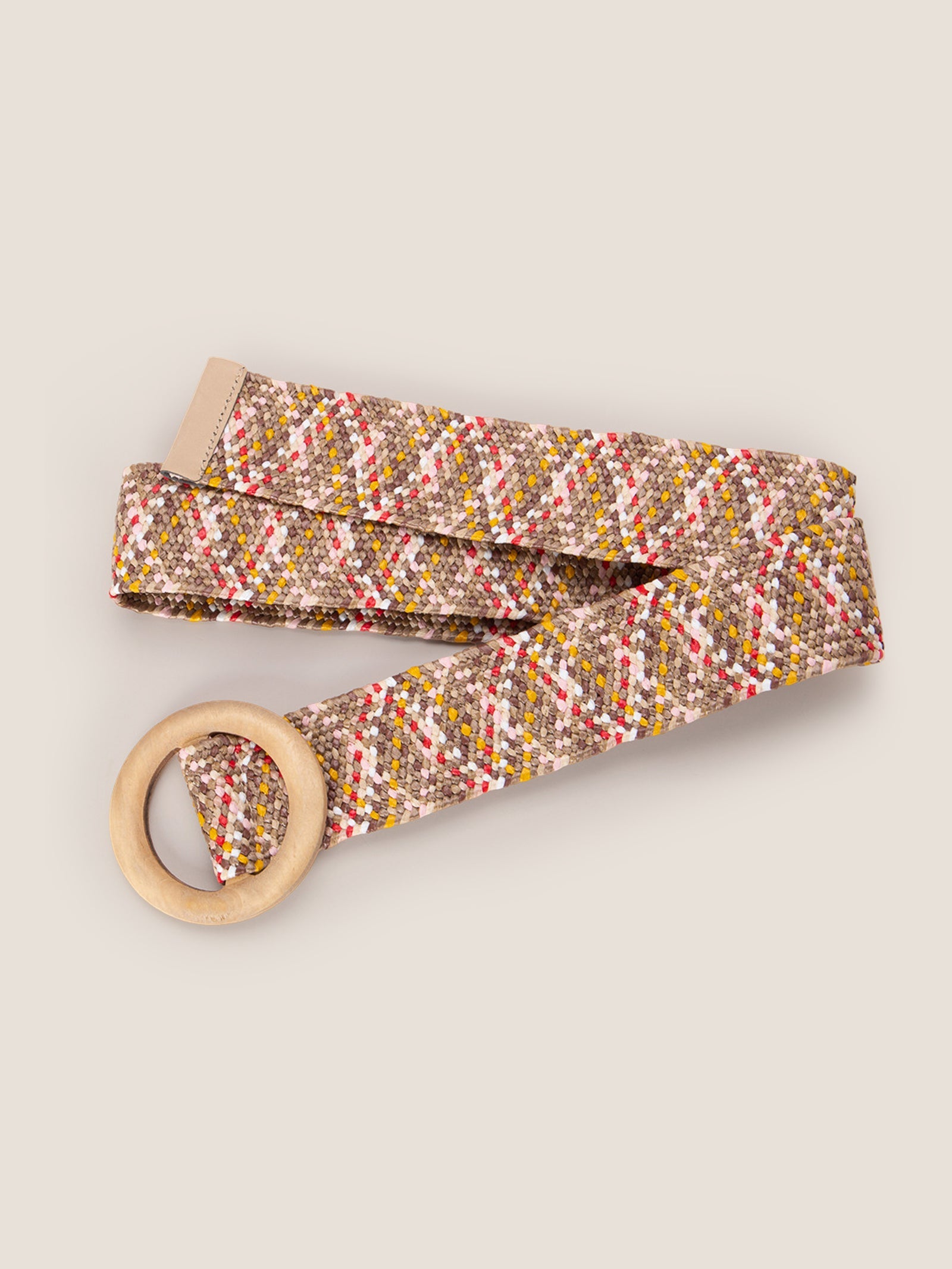 Wooden Buckle Handcrafted Woven Elastic Wide Waist Belt Red Stripe One Size