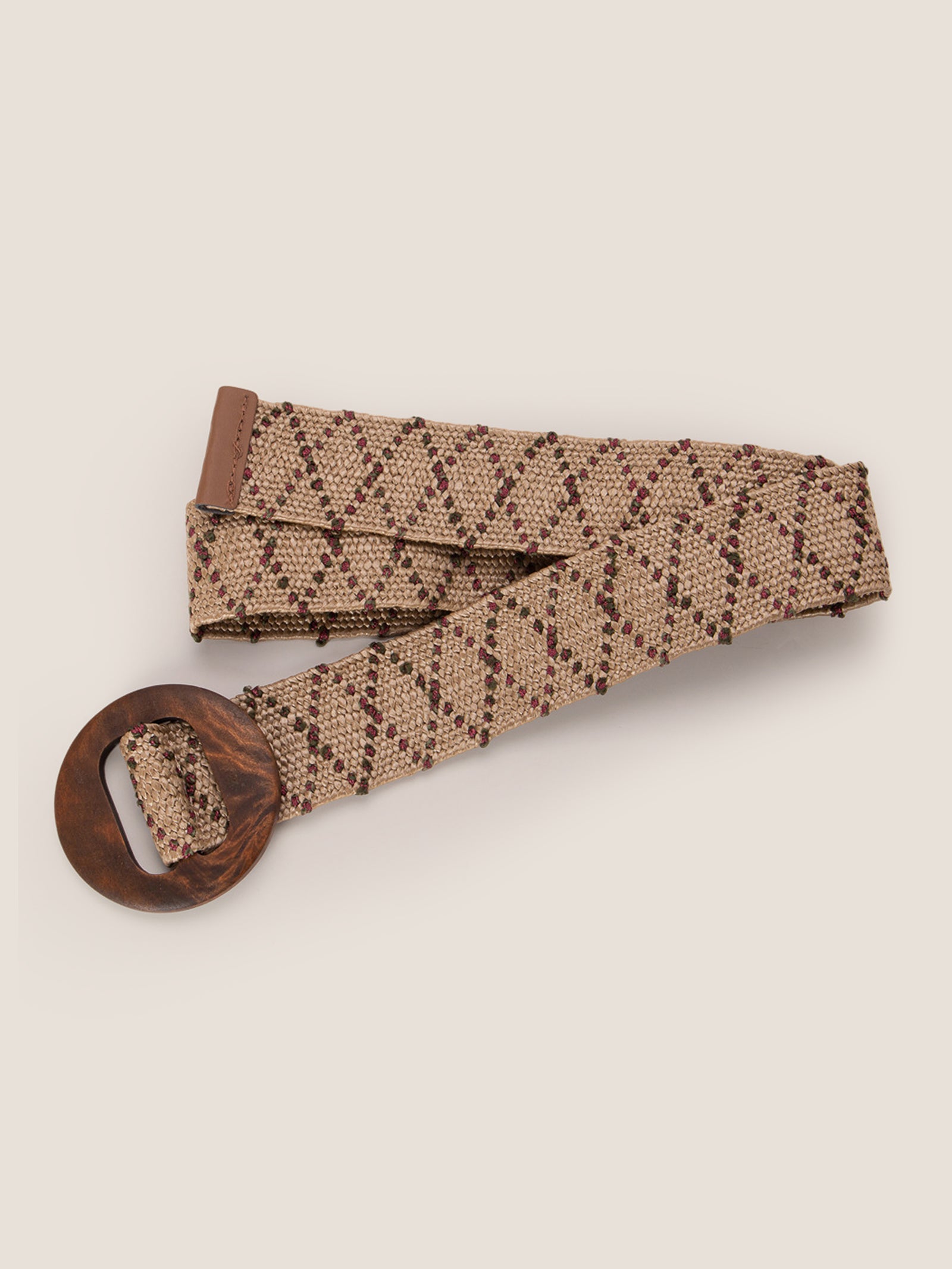 Wooden Buckle Handcrafted Woven Elastic Wide Waist Belt Brown Stripe One Size