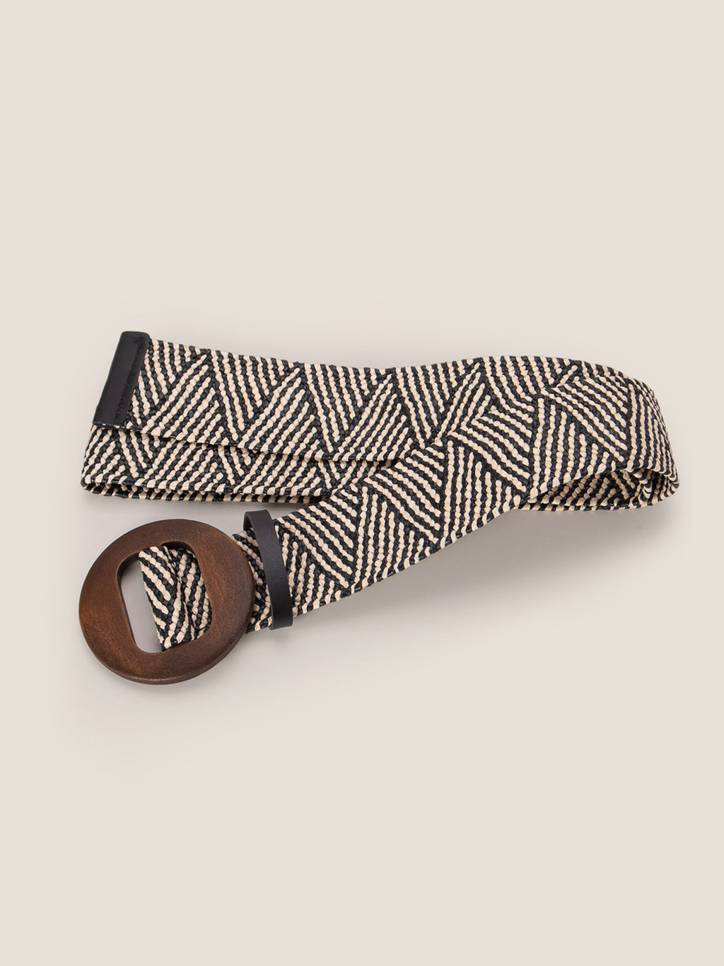 Wooden Buckle Handcrafted Woven Elastic Wide Waist Belt Black Stripe One Size