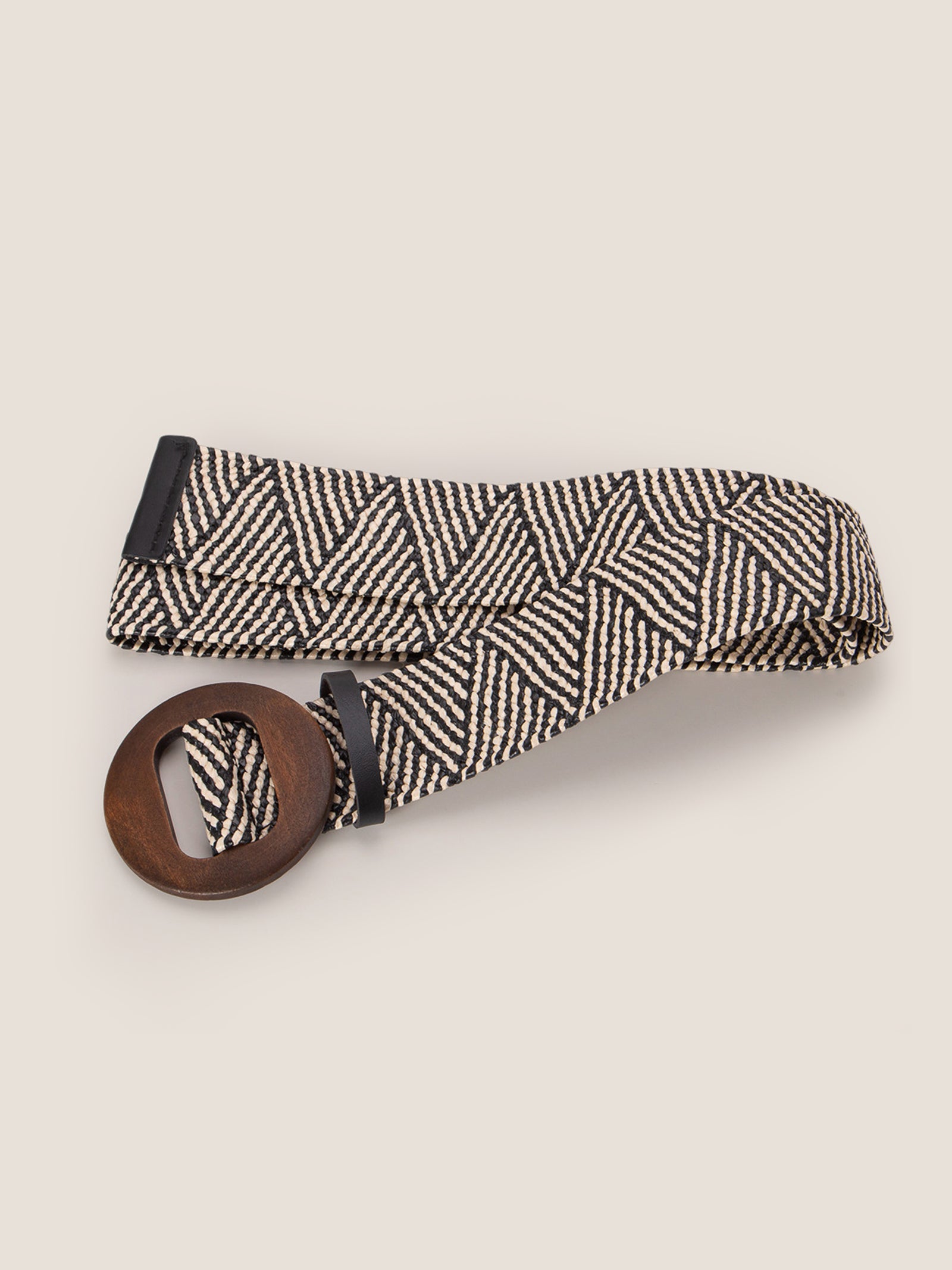 Wooden Buckle Handcrafted Woven Elastic Wide Waist Belt Black Stripe One Size
