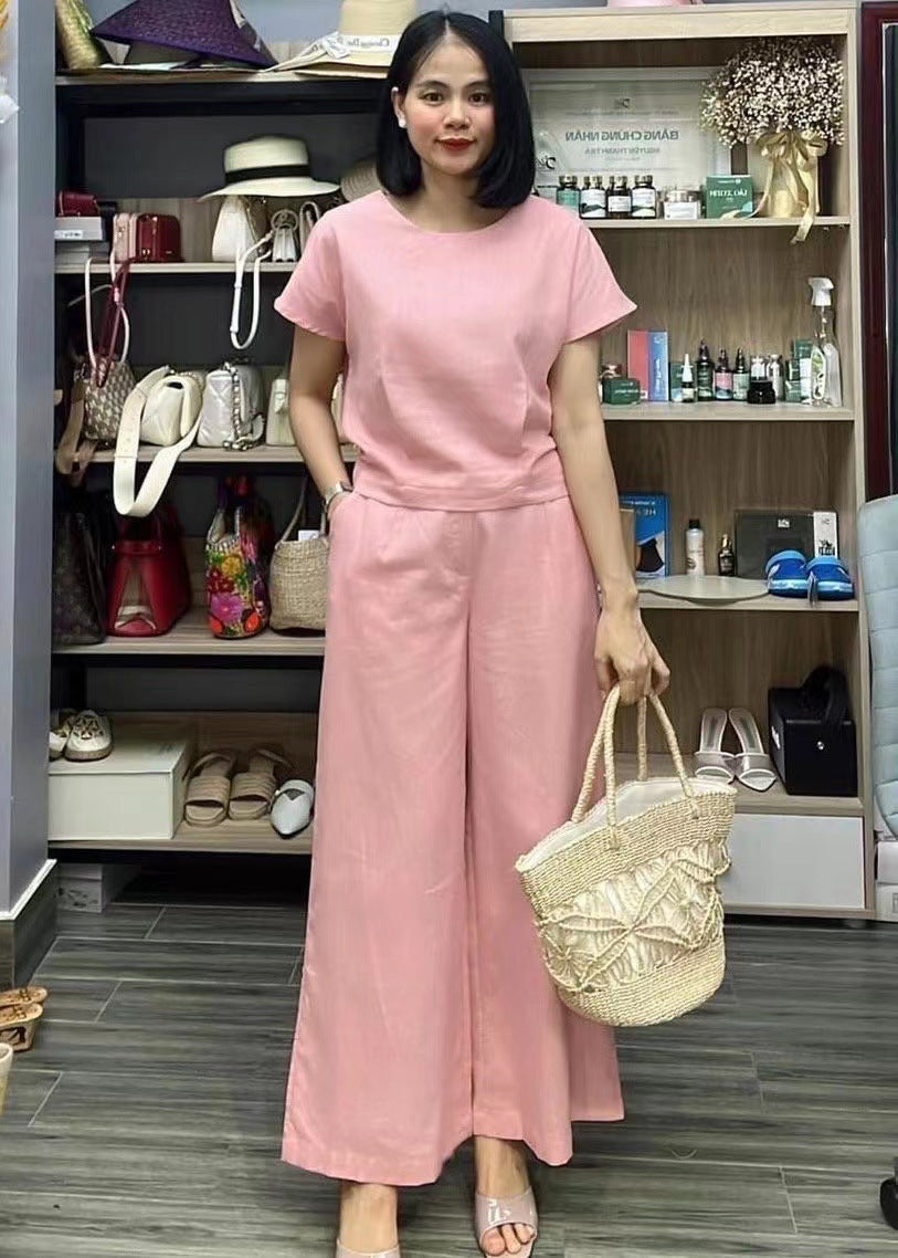 European And American Women's Linen Casual Loose Solid Color Suit Two-piece Women Pink