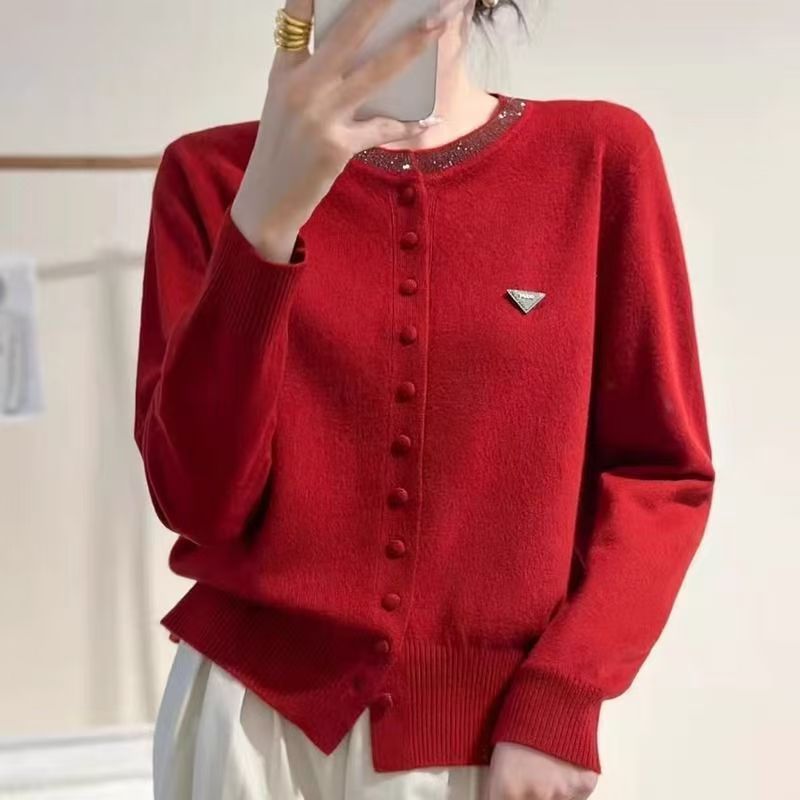 Womens Round-Neck, Diamond-Embellished, Solid-Colored Knit Cardigan Orange