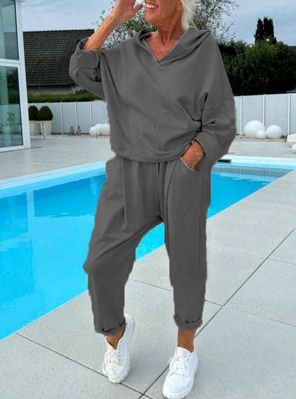 Women's Solid Color Hooded Sweatshirt Two-piece Set Gray