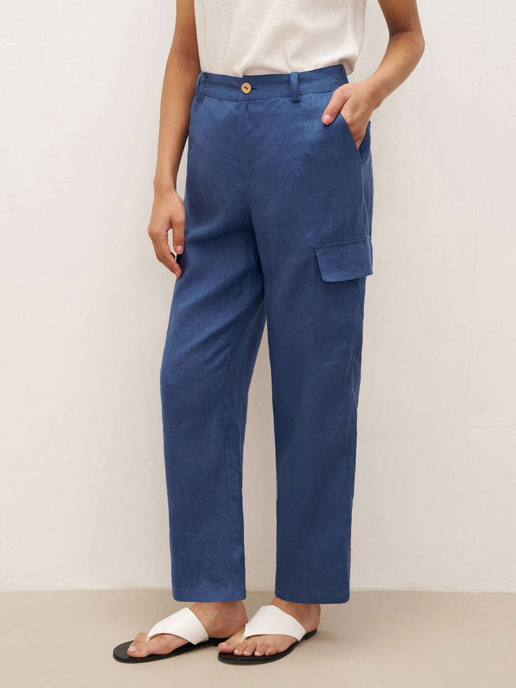 100% Linen Cargo Tapered Trousers with Patch Pockets JESSE Nautical Blue