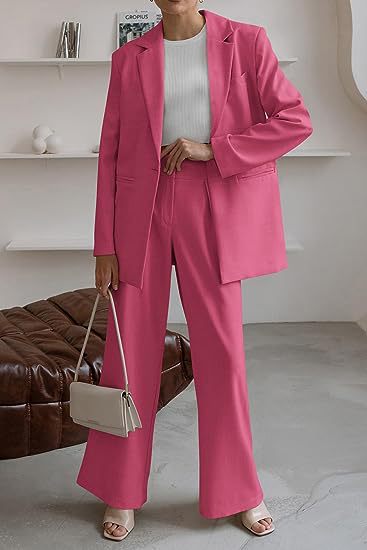Women's Fashion Casual Solid Color Coat Trousers Suit Rose Red