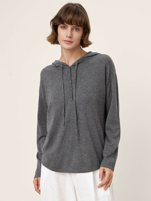 100% Extra-Fine Merino Wool Knit Hooded Sweatshirt SIA Slate Gray