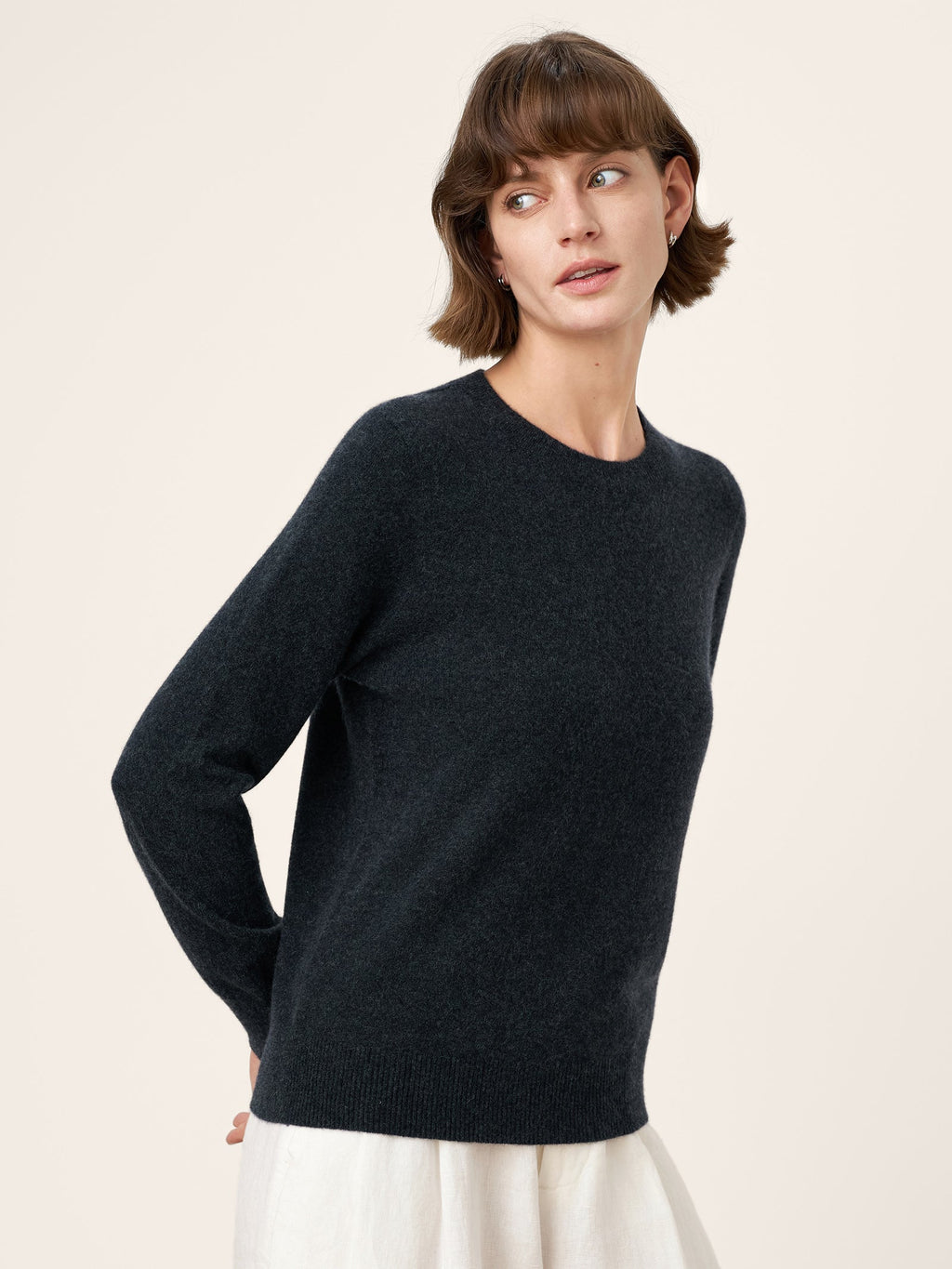 100% Mongolian Cashmere Seamless Ribbed Trims Crewneck Sweater TAWNY