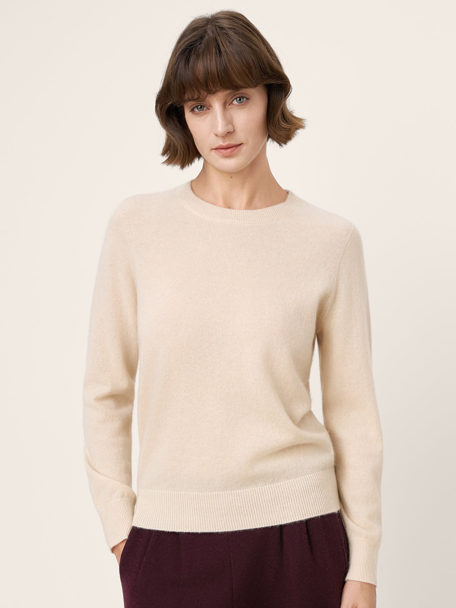 100% Mongolian Cashmere Seamless Ribbed Trims Crewneck Sweater TAWNY Beige