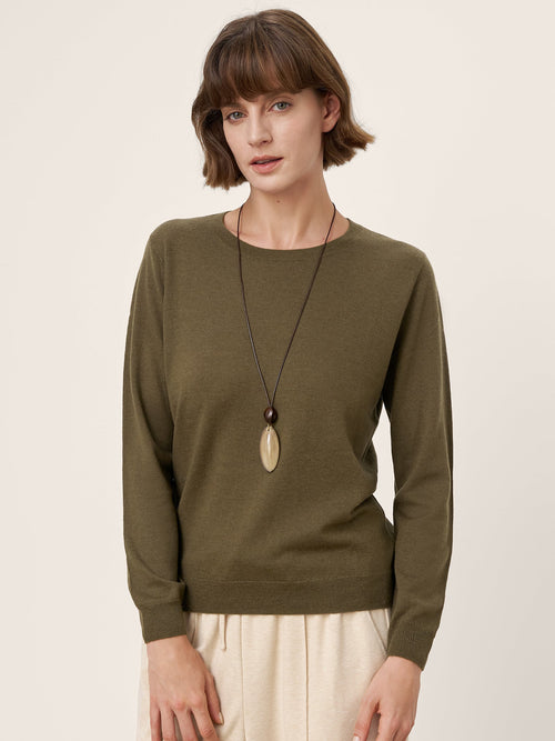 100% Extra-Fine Merino Wool Essential Crew Neck Knit Sweater BRIDGET Army Green