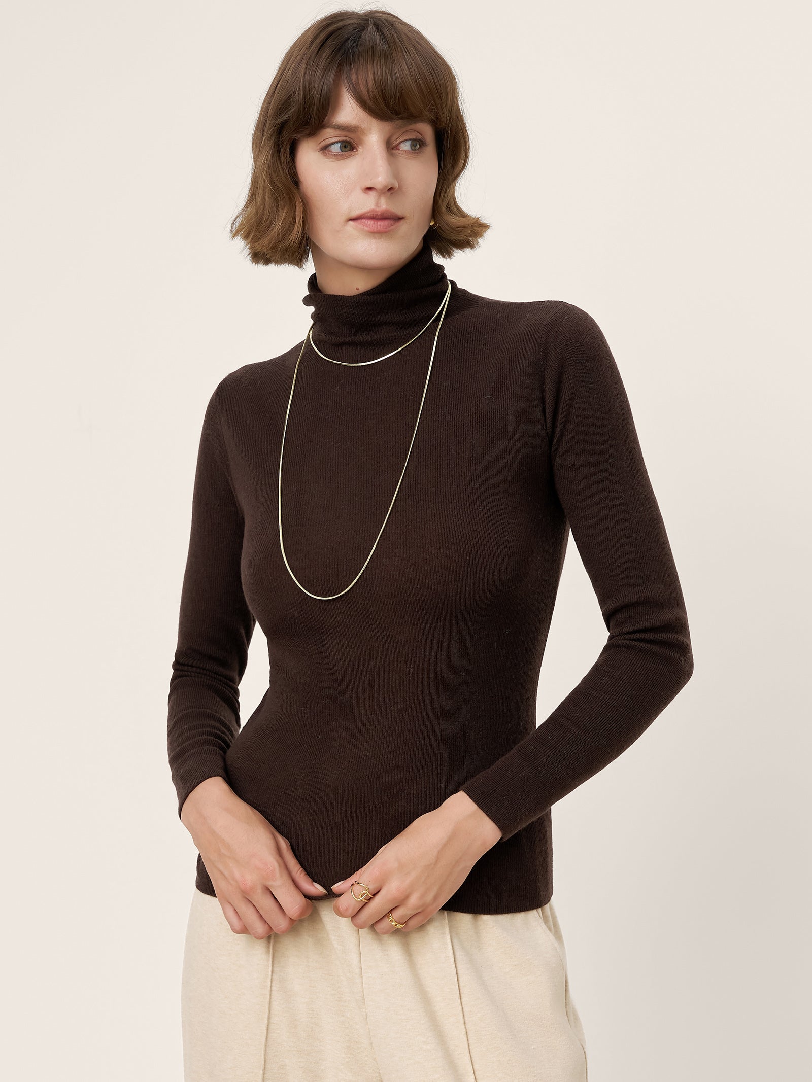 100% Extra-Fine Merino Wool Turtleneck Knit Sweater JOLENE Chocolate Brown