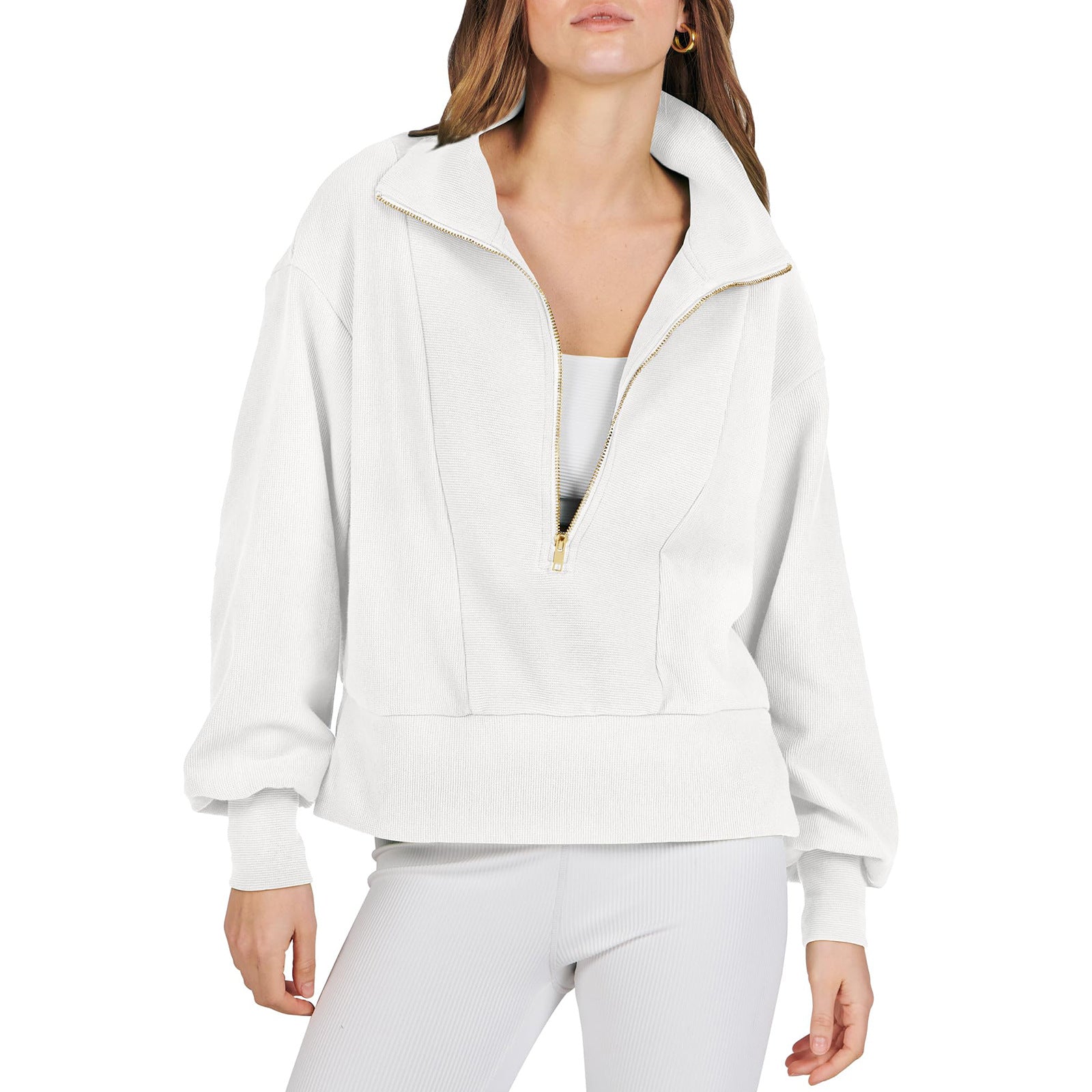 Women's Half-zip Pullover Long-sleeved Sweatshirt White