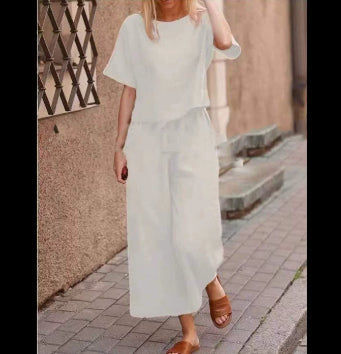 European And American Women's Linen Casual Loose Solid Color Suit Two-piece Women White