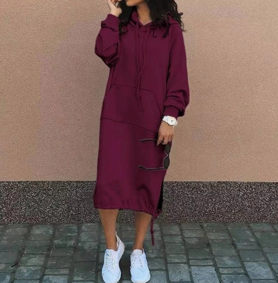 Casual Long-sleeved Hooded Sweater With Pocket Fashion Drawstring Long Sweatshirt Womens Clothing Wine Red