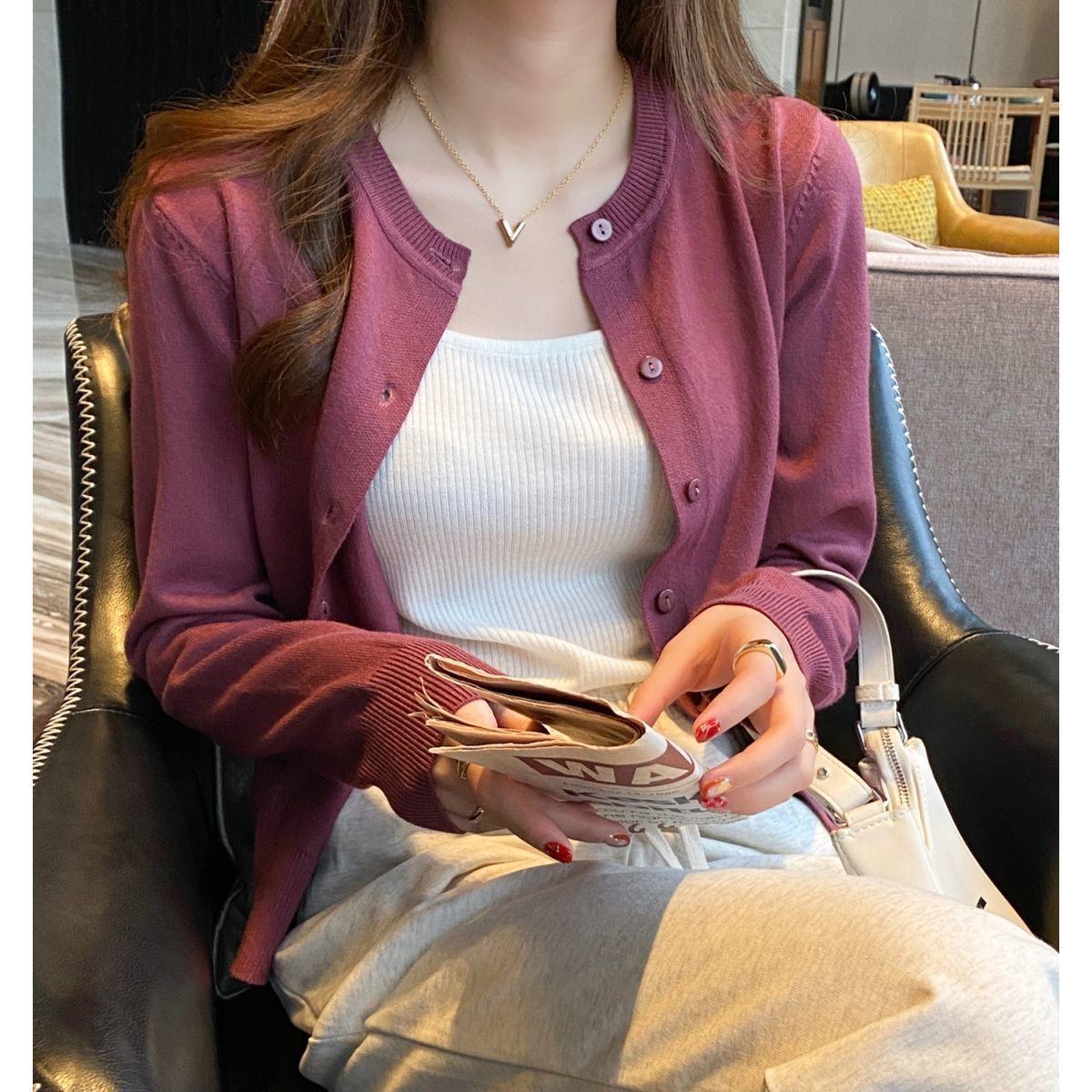Women's Slimming Round-Neck Long-Sleeve Knitted Cardigan Plum Powder