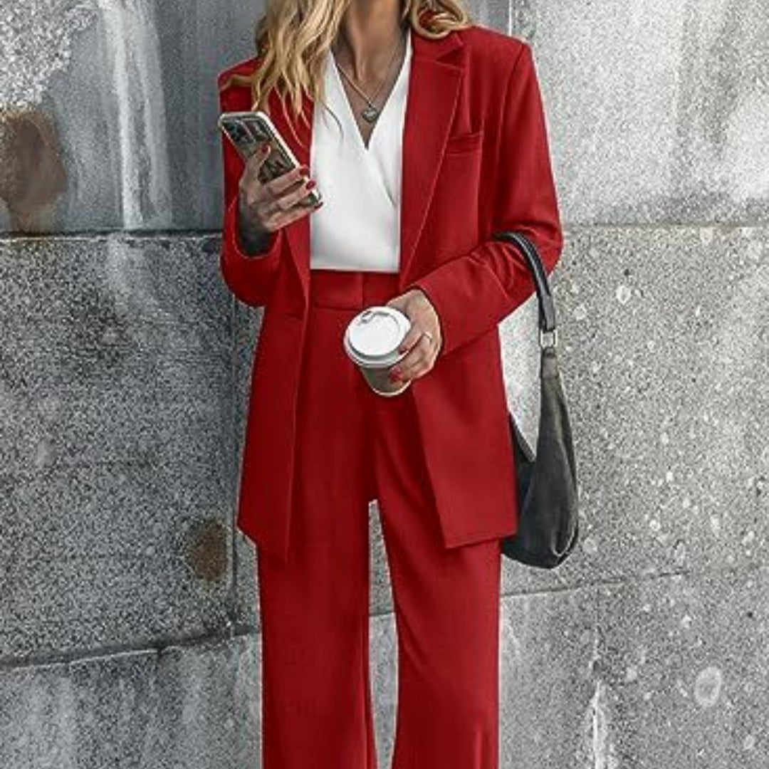 Women's Fashion Casual Solid Color Coat Trousers Suit Red XXXL